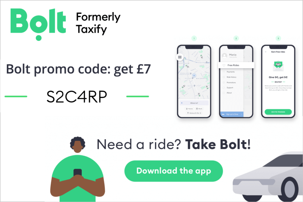 Bolt referral code first free ride code S2C4RP up to 12 UK taxi app