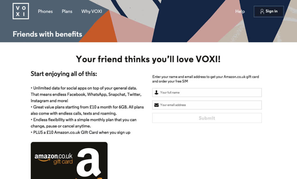 Voxi referral code - Friends with benefits £10 gift card