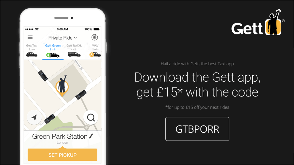 Gett Taxi app promo code GTBPORR for £15 off your next rides