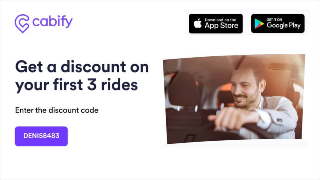 Cabify referral code DENISB483 - discount code for free money on taxi rides - invite friends - refer a friend offer