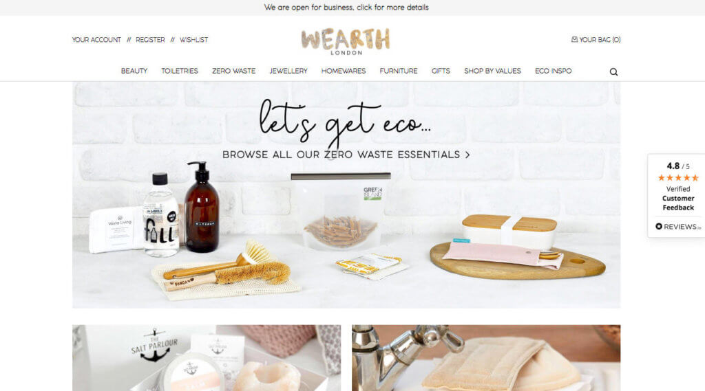 Wearth London referral invite, eco shopping website