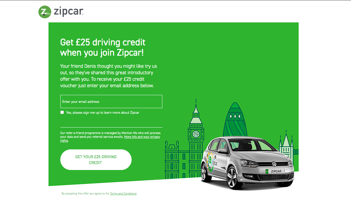 Zipcar referral code discount £25 GBP credit bonus