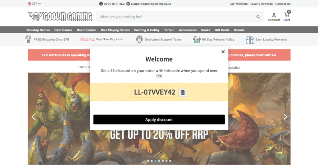 Goblin Gaming referral code discount £5 off your first order over £50