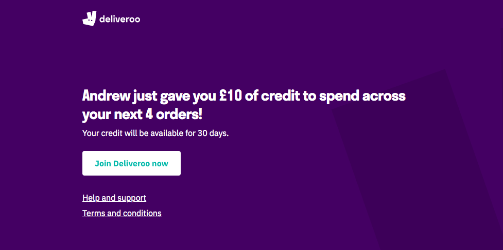 Deliveroo referral code UK - promo code for new customer, 10 GBP discount on your first 4 orders