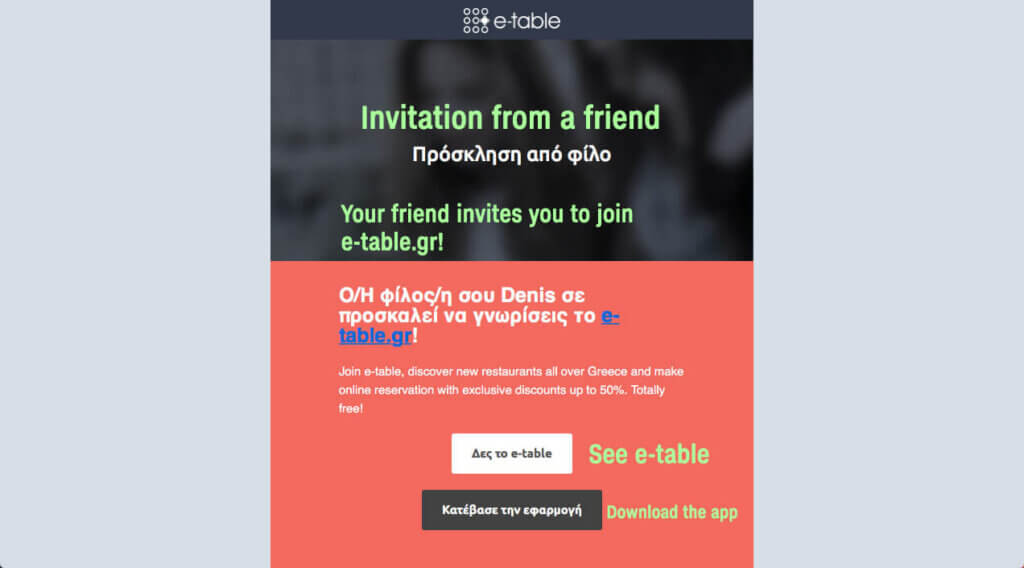 e-table referral invite, 500 points for a discount on your restaurant booking