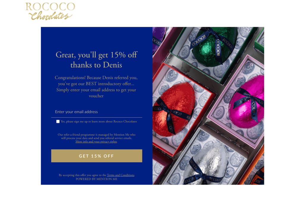 Rococo chocolates referral code discount for 15% off your first order - UK refer a friend offer