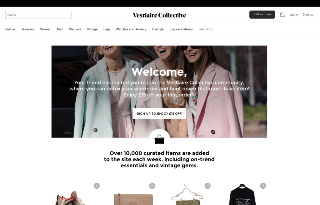 Vestiaire Collective referral code discount for £15 off over £100