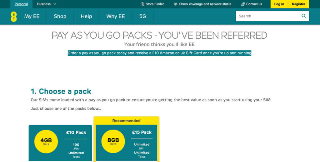 EE Pay As You Go sign up bonus, get your voucher code for £10 Amazon voucher