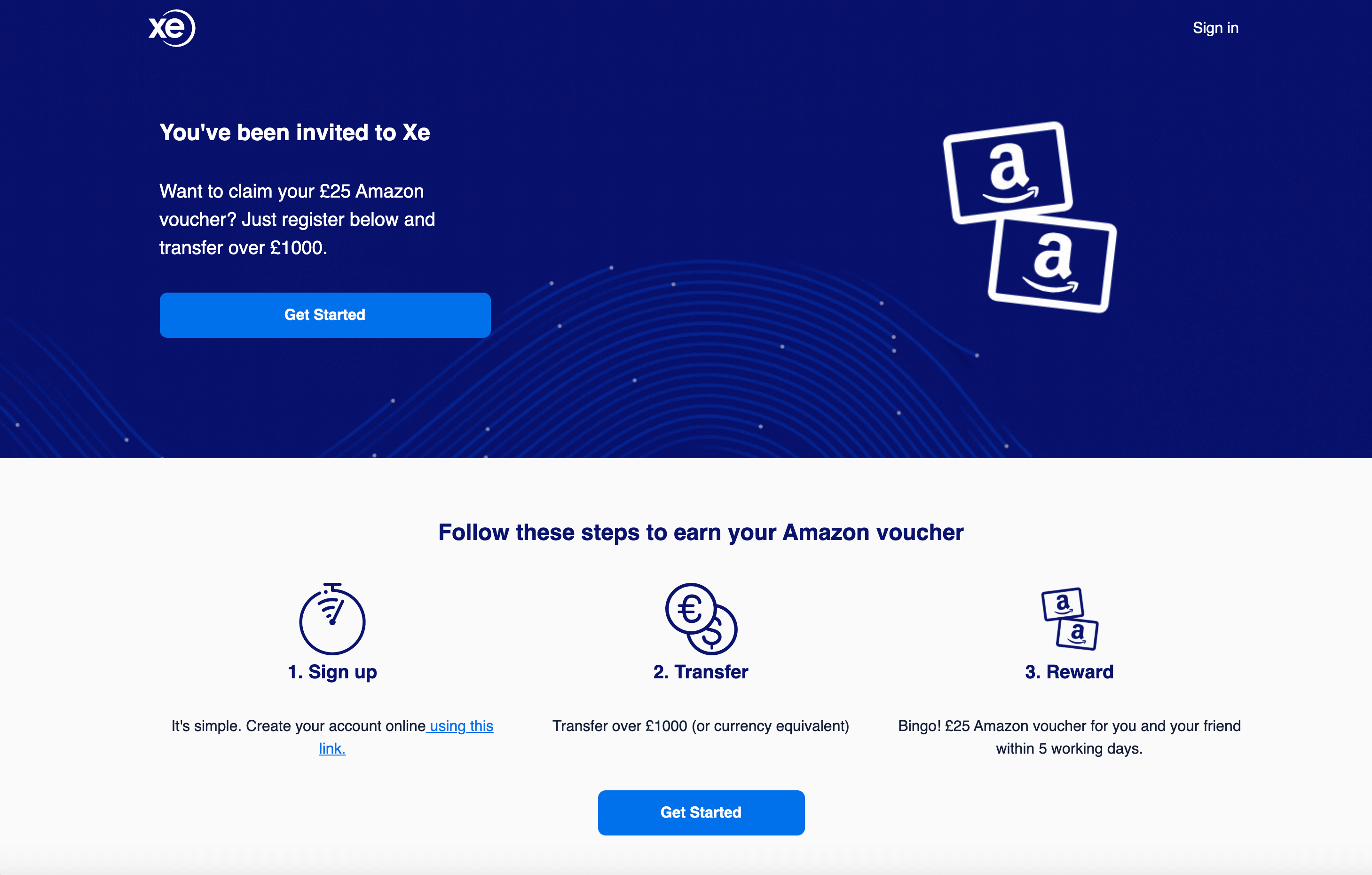 xe referral code UK - register with this refer a friend invitation to get 25 GBP in Amazon voucher