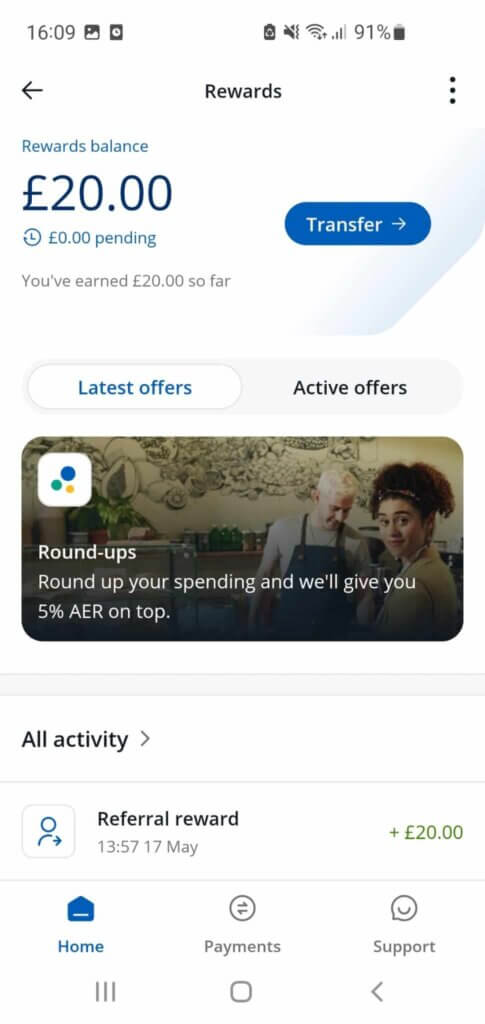 Chase referral reward: 20 GBP added to your account when you use a referral code