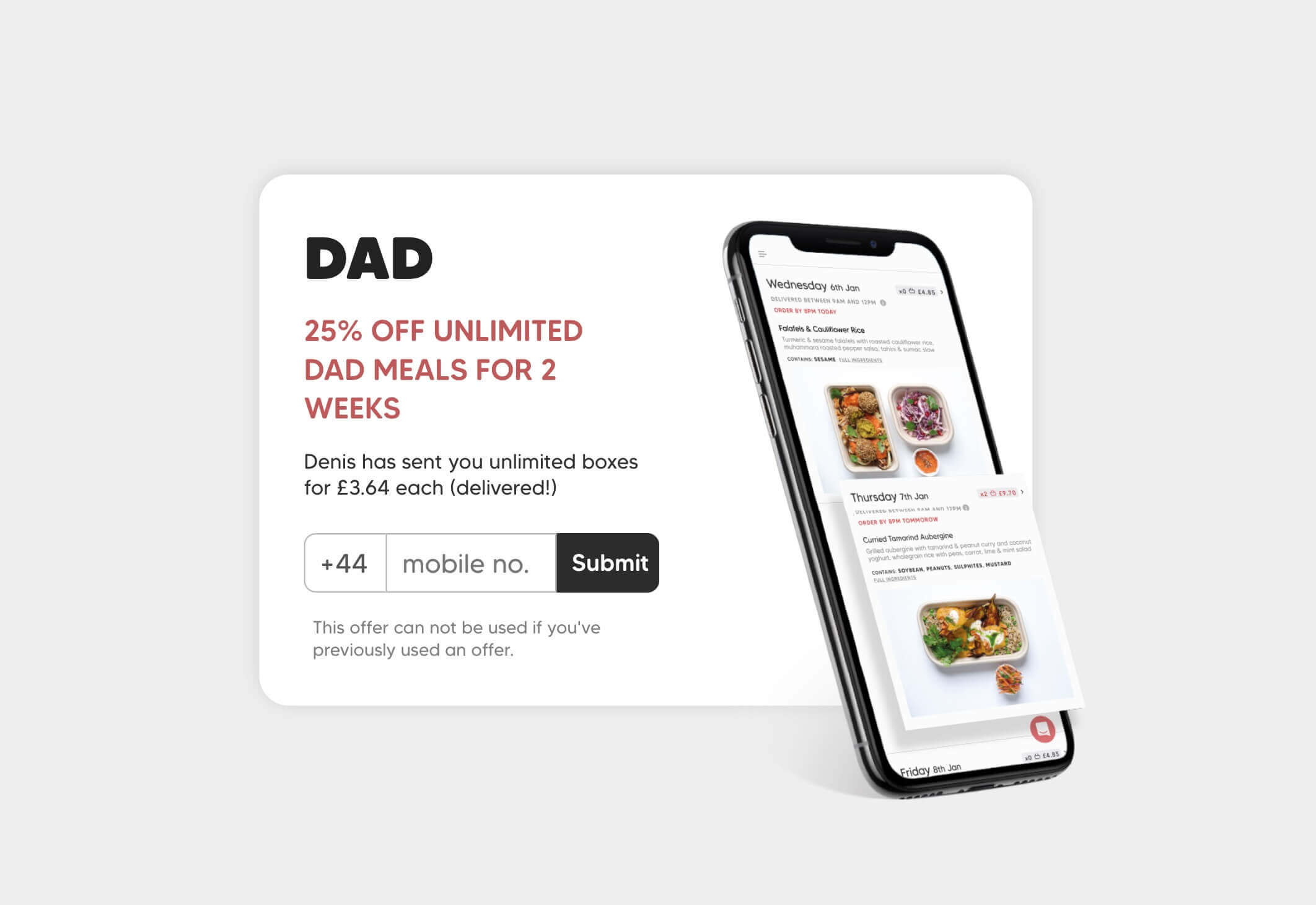 DAD app food discount code 25% off, DAD referral discount for new users