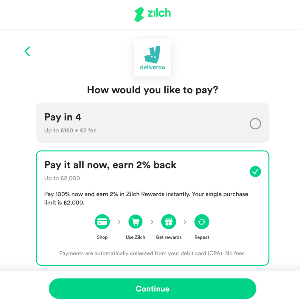 Deliveroo Cashback pay with Zilch in 1 time