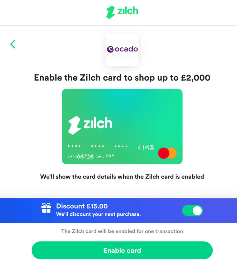 Ocado gift card 15 GBP off - Pay with Zilch