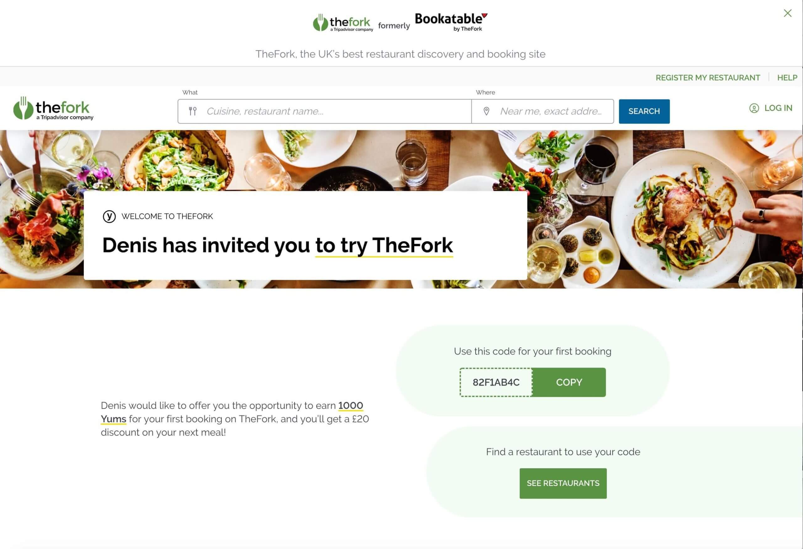 thefork referral code discount for £20 off your first booking with this sign-up bonus - The Fork invitation