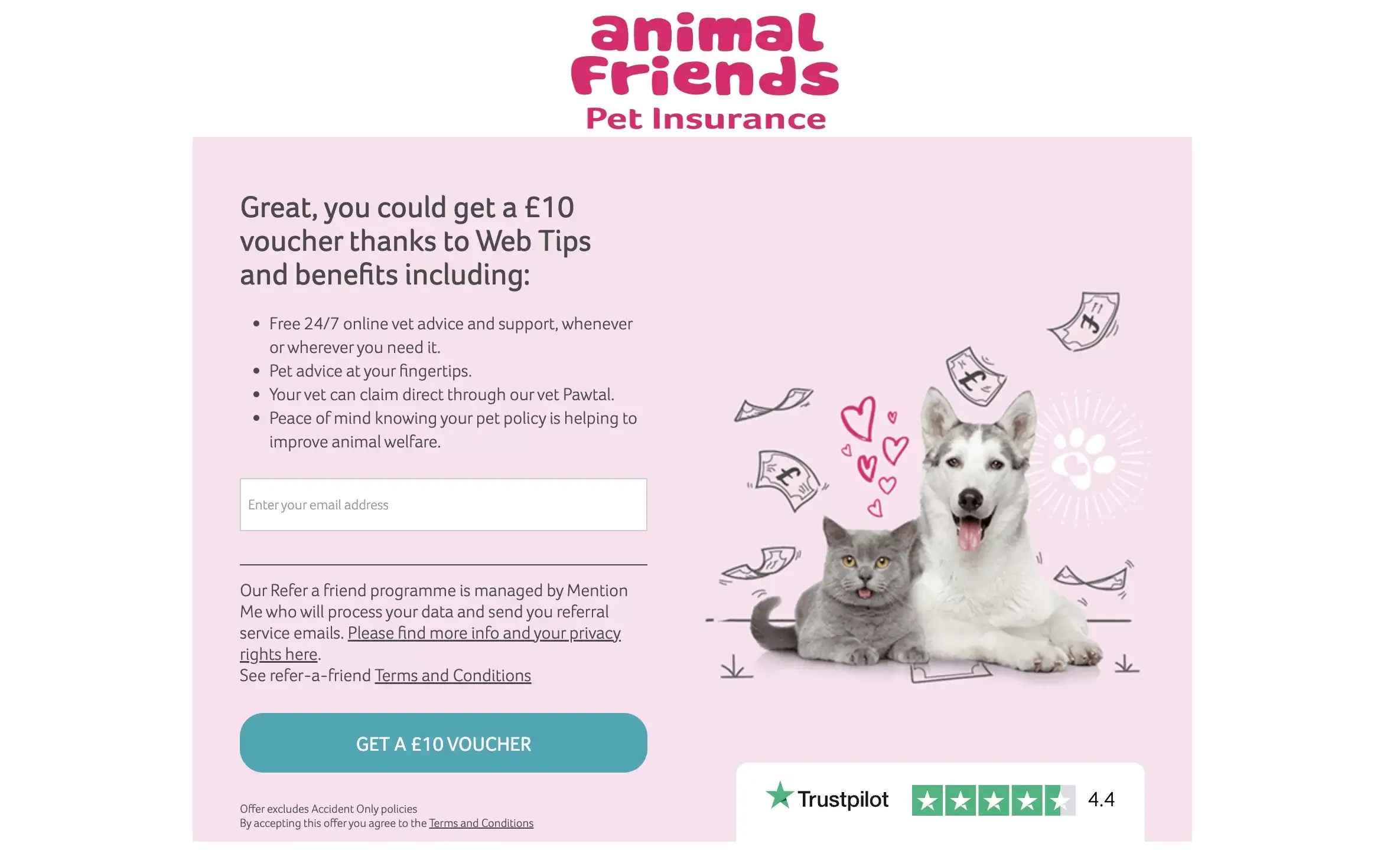 Animal Friends Pet Insurance sign-up bonus, £10 voucher with this referral code 