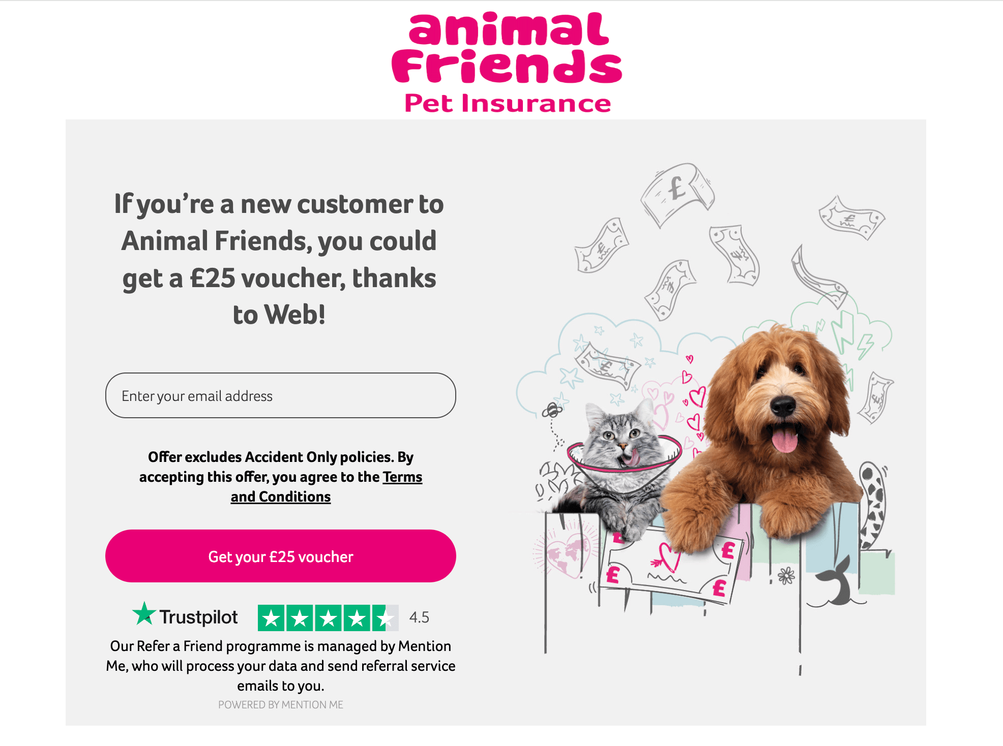 Animal Friends Pet Insurance sign-up bonus, £25 voucher with this referral code
