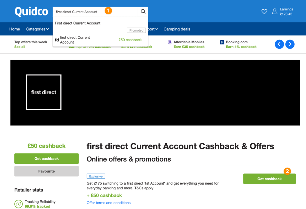 Quidco First Direct cashback £50 offer