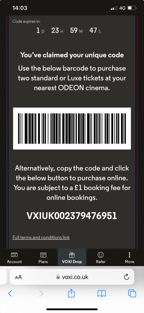 Voxi Drop Odeon cinema tickets code