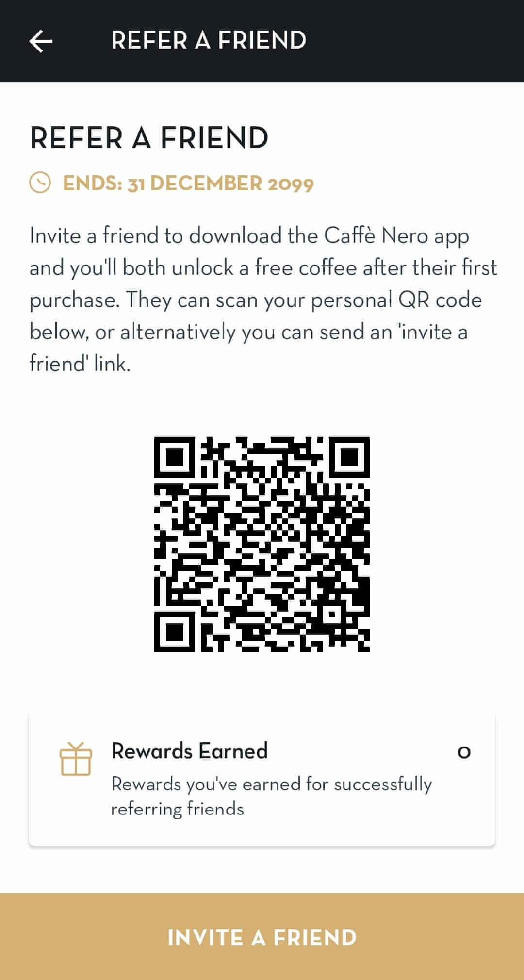 Screenshot of Caffè Nero referral invitation offer on app – invite a friend to earn a free coffee after their first purchase