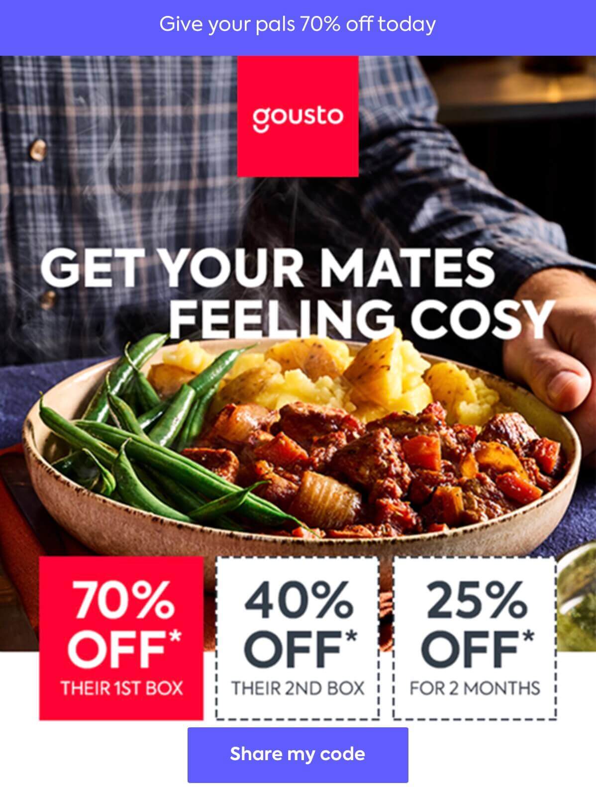 Gousto best discount offer: get an upgraded 70% off their first box (with free delivery), 40% off their second and 25% off for two months.*