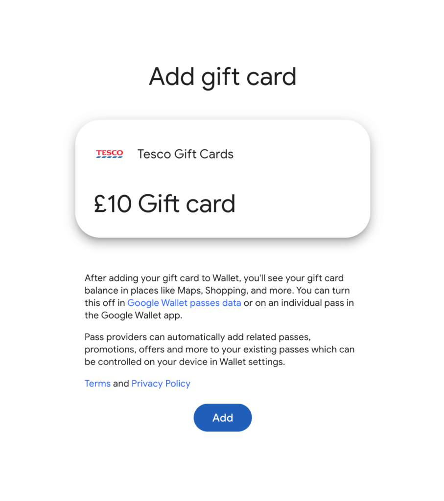Add your gift gard to you Android wallet or Apple wallet to use in store next time you go