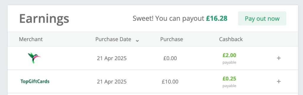 TopCashback bonus paid a few minutes later