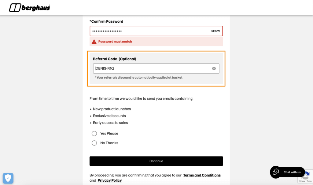 Screenshot of the Berghaus account creation page showing the referral code DENIS-R1Q entered and confirmation message below the field.