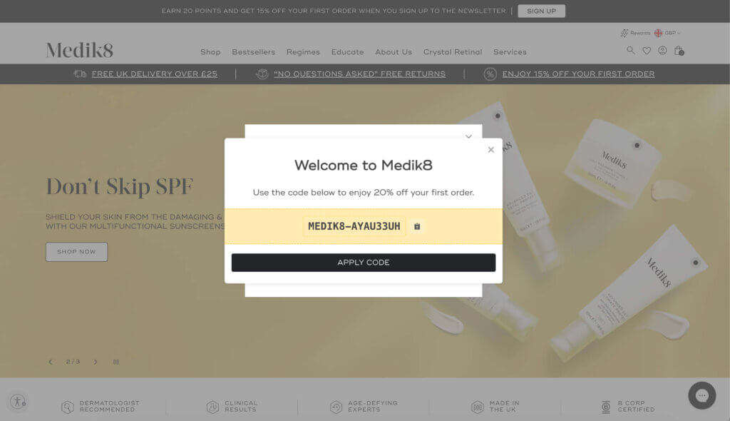 Medik8 skincare products with text showing 20% off for new users through referral link.