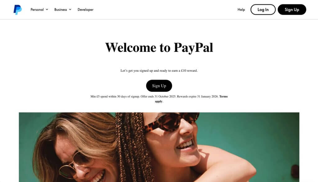 Screenshot of PayPal referral invitation offering the £10 bonus when new user sign-up and £5 spend in the UK