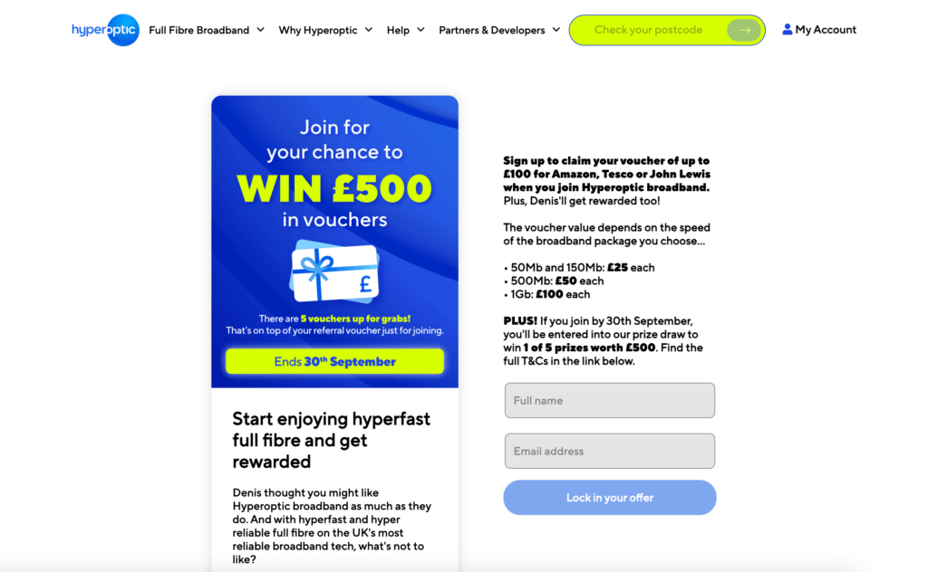 Hyperoptic broadband welcome screen with referral bonus pop-up and £500 voucher promotion highlighted.