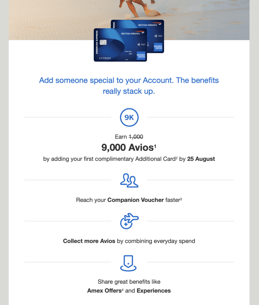 British Airways American Express card promotion showing 9,000 Avios bonus for adding a first complimentary Additional Card by 25 August, with benefits like Companion Voucher, Amex Offers, and shared spending.