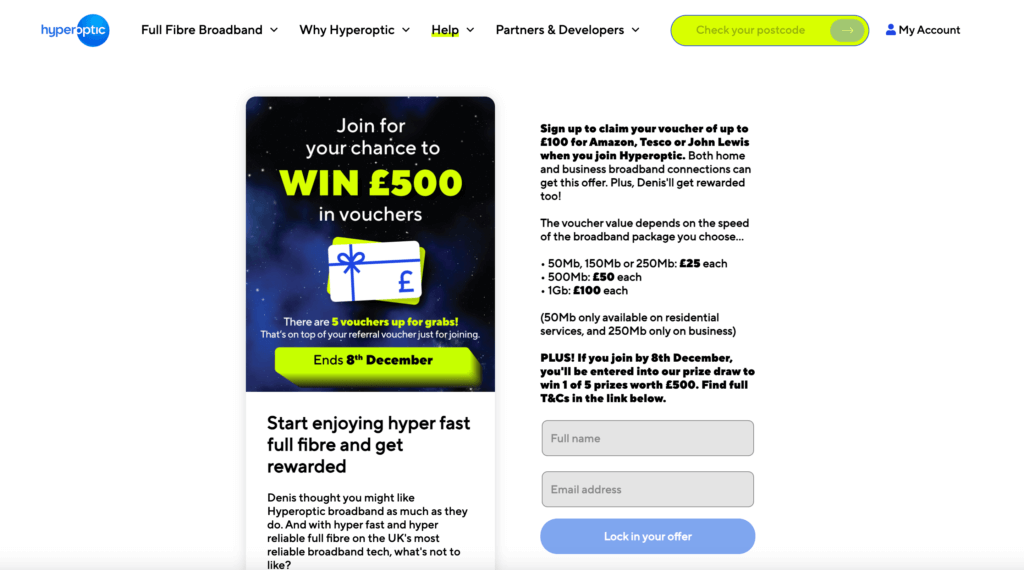 Hyperoptic broadband welcome screen with referral bonus pop-up and £500 voucher promotion highlighted.
