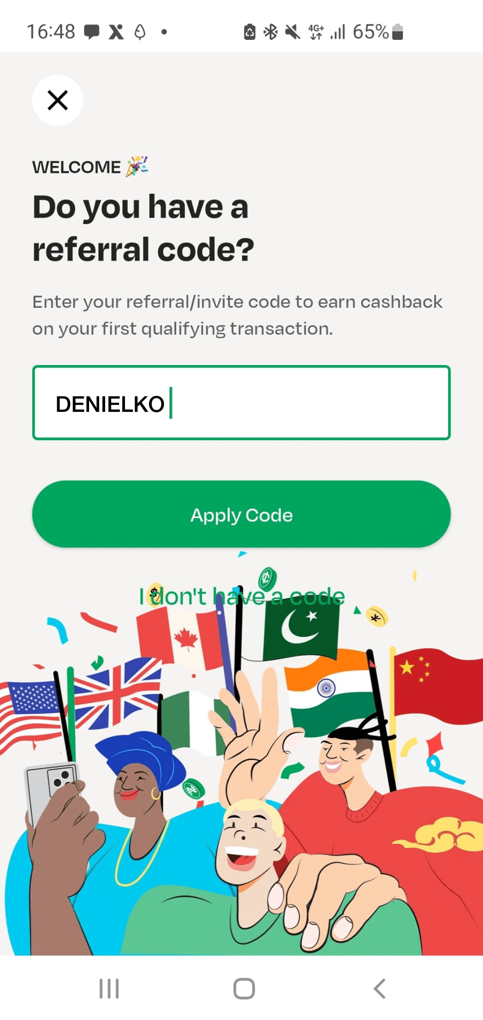 LemFi app referral code : interface showing international transfer options and £10 referral bonus.