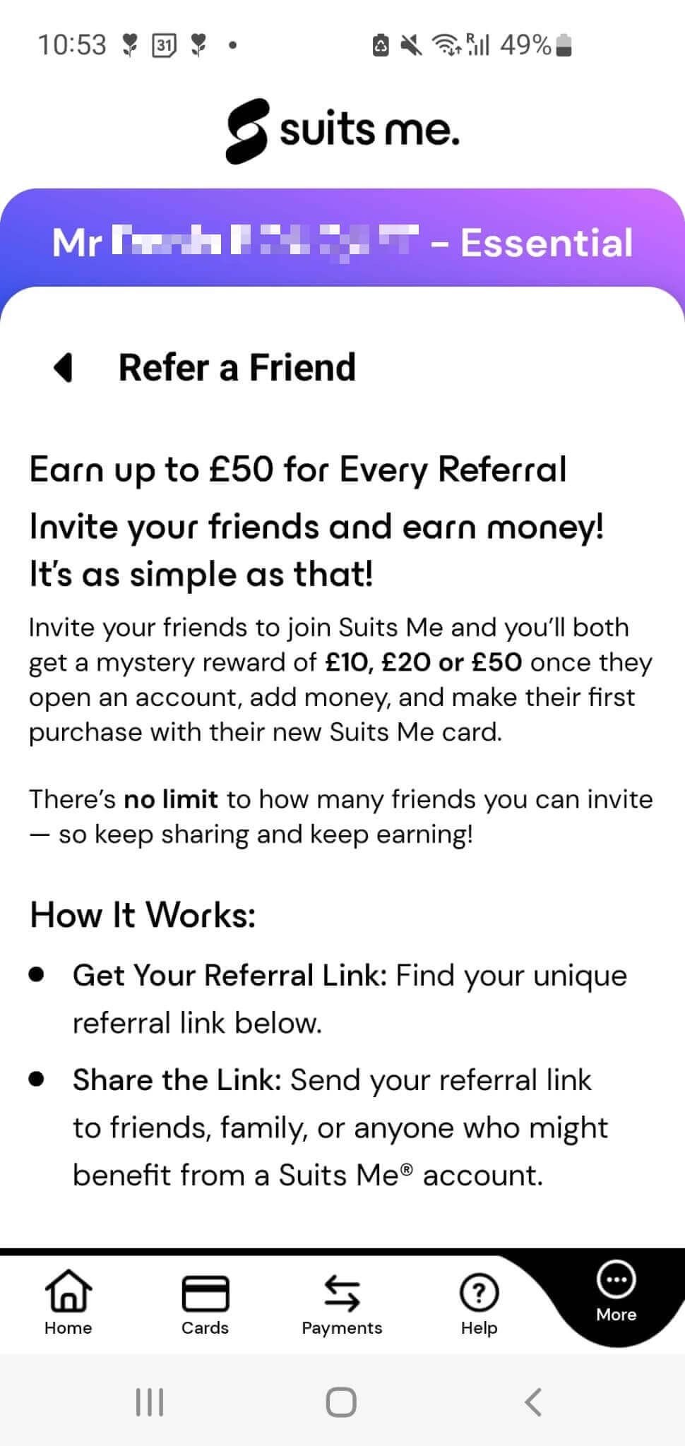 Suits me card Referral terms and conditions
