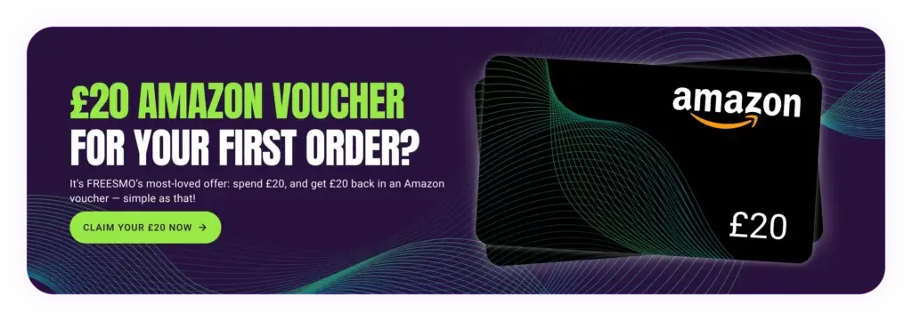 Spend £20 at FREESMO as a new customer and get a £20 Amazon voucher