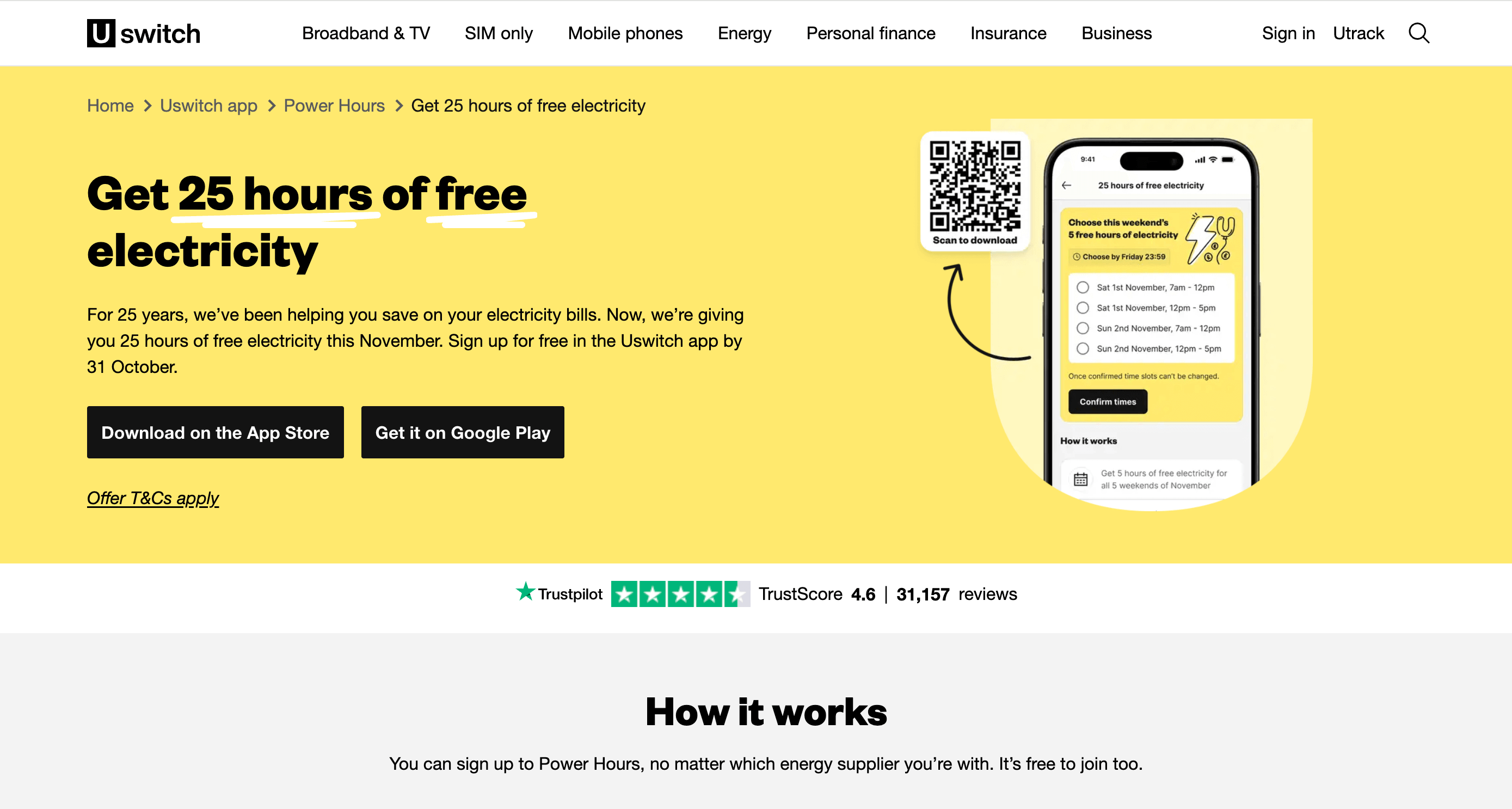 Get 25 hours of free electricity with Uswitch Power Hours. Download the app, connect your smart meter, and earn real money back each weekend in November. Sign up by Oct 31!