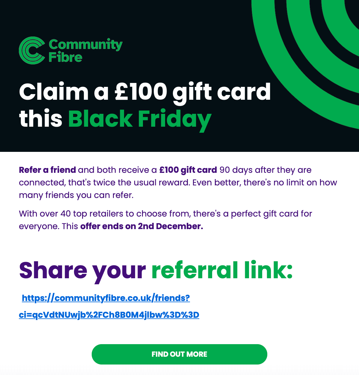 Community Fibre Black Friday get a £100 digital gift card with this referral invitation + 6 months free
