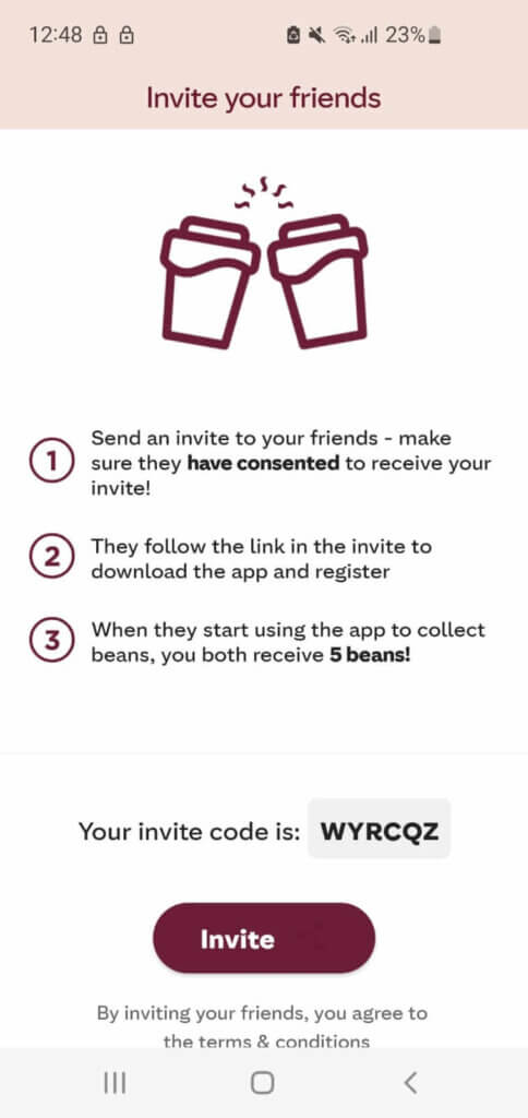 Costa referral code WYRCOZ for new Costa Club users to get 5 free beans toward a free drink.