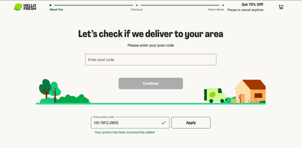 HelloFresh new user discount showing 70% off first box offer