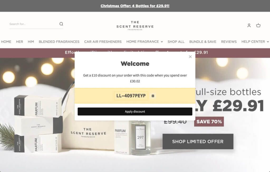 Get £10 off your first order at The Scent Reserve when you spend over £30. Discover affordable luxury fragrances and claim this new customer discount today.