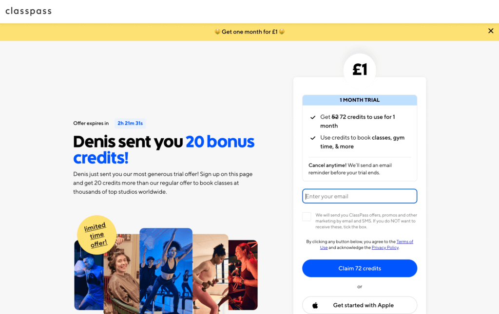 ClassPass referral link showing 20 extra credits for new users