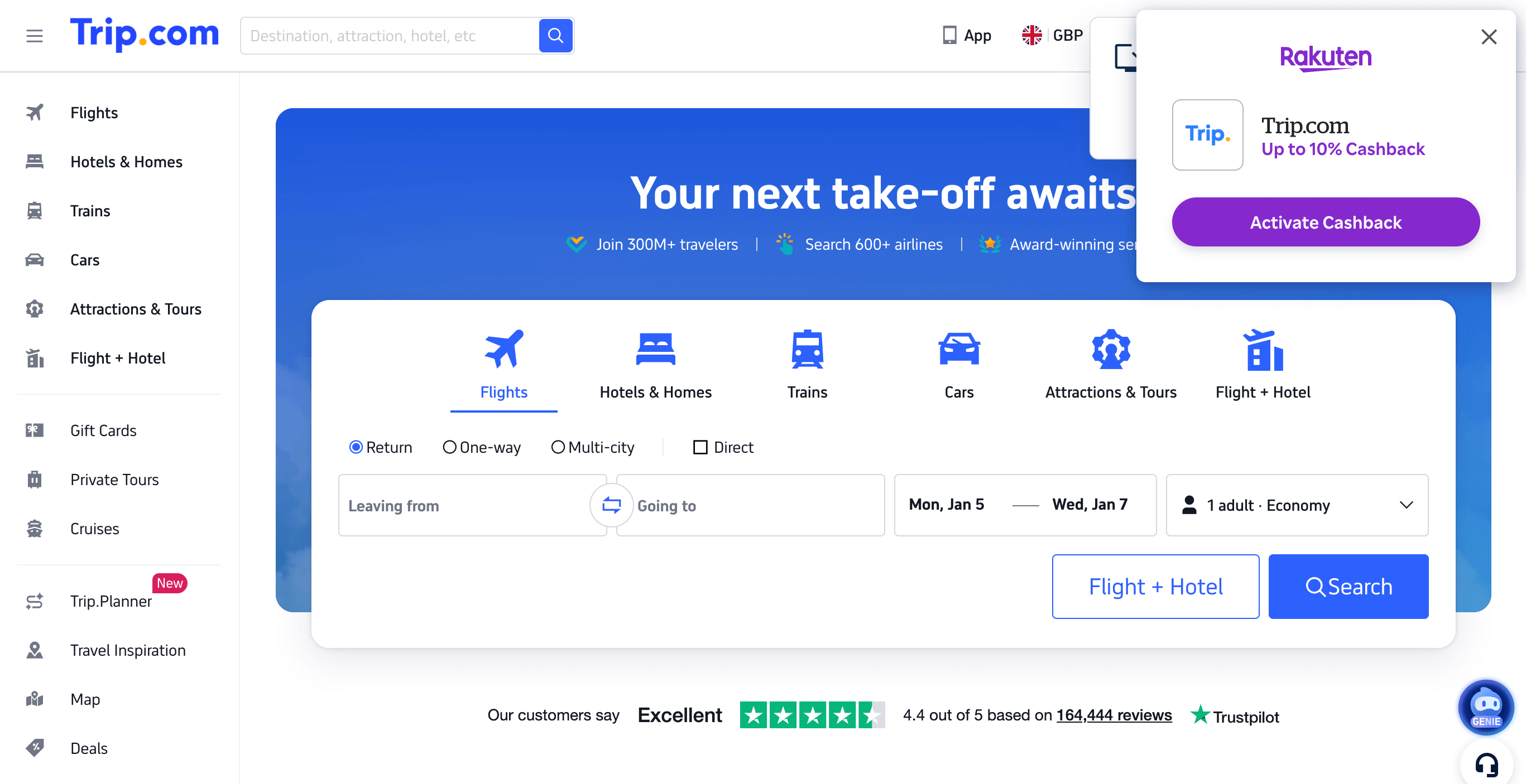 Trip.com earn cashback with Rakuten for extra savings.