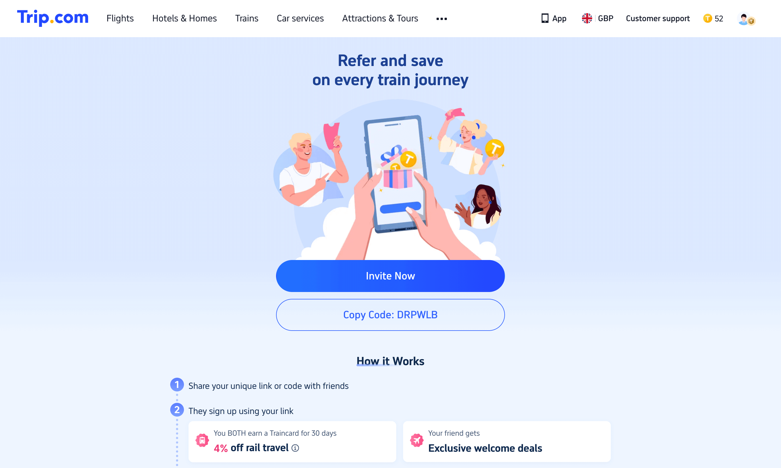 Trip.com new user promo code UK with cashback on flights, trains and hotels