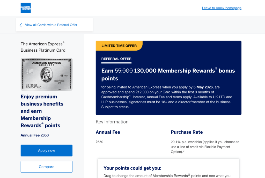 Amex Business Platinum 130,000 Points Offer (UK) – Best Bonus in 2026?