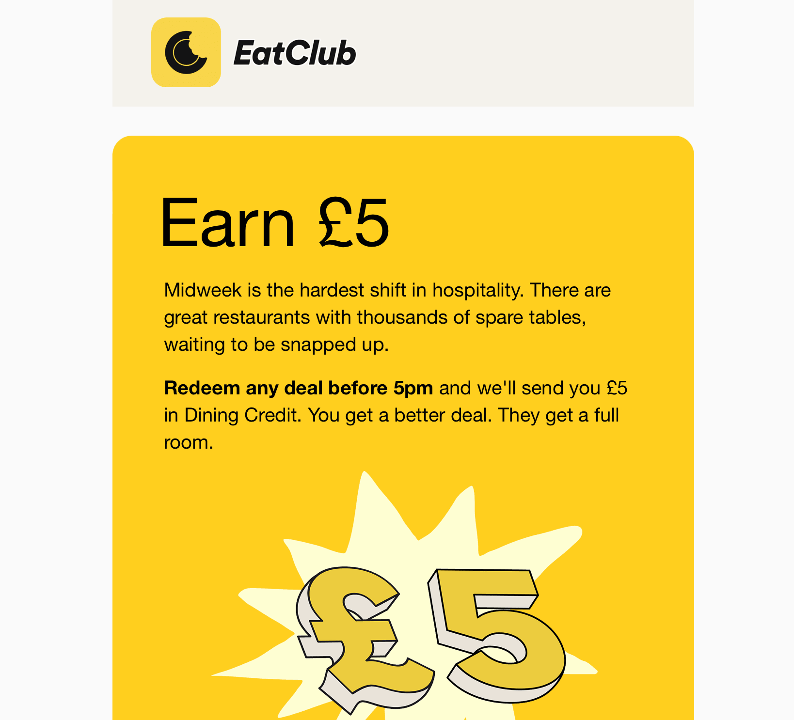 Eatclub promo midweek £5 in Dining Credit
