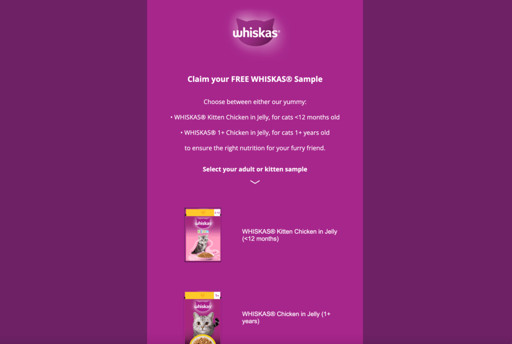 Free Whiskas cat food sample for kittens and adult cats in the UK