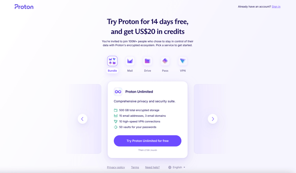 Proton referral code: Try Proton for 14 days free, and get US$20 in credits