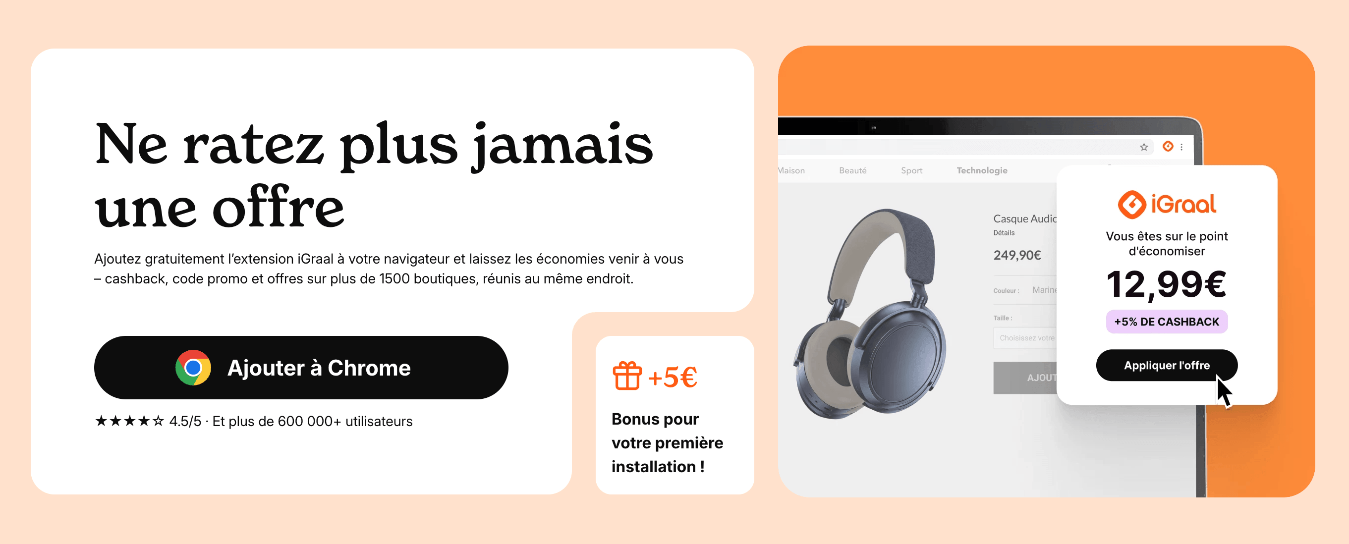 Get an extra €5 bonus by installing the iGraal browser extension
