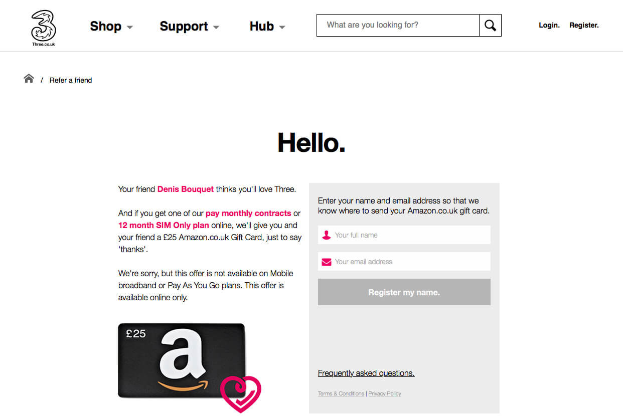 Invite link for a £25 amazon.co.uk gift card bonus when you register - Three referral code offer - refer a friend