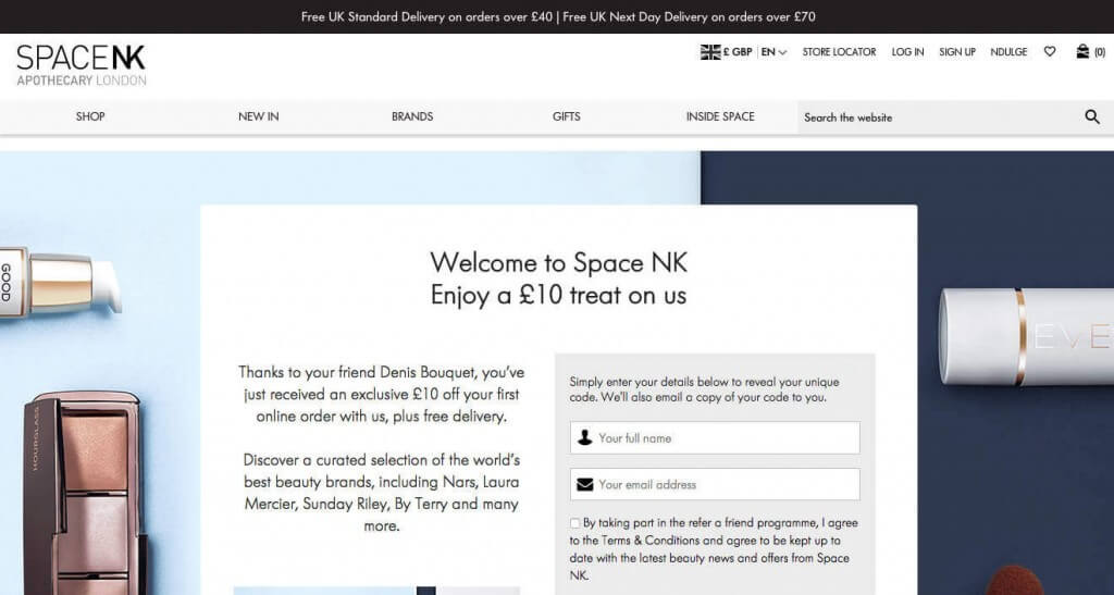 Space NK referral code, £10 off refer a friend code discount